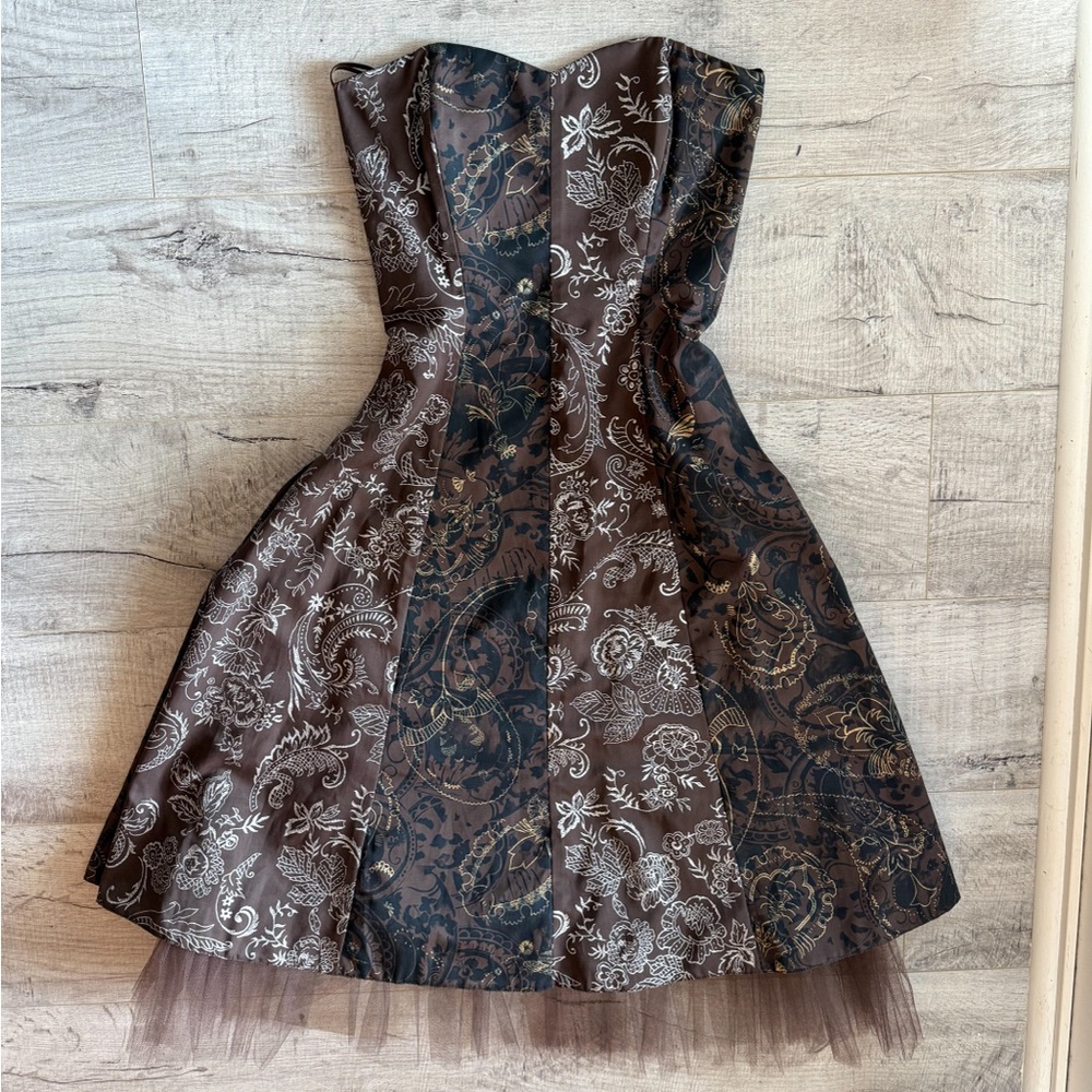 Vintage Y2K Brown Strapless Fred Dun Brocade Dress
